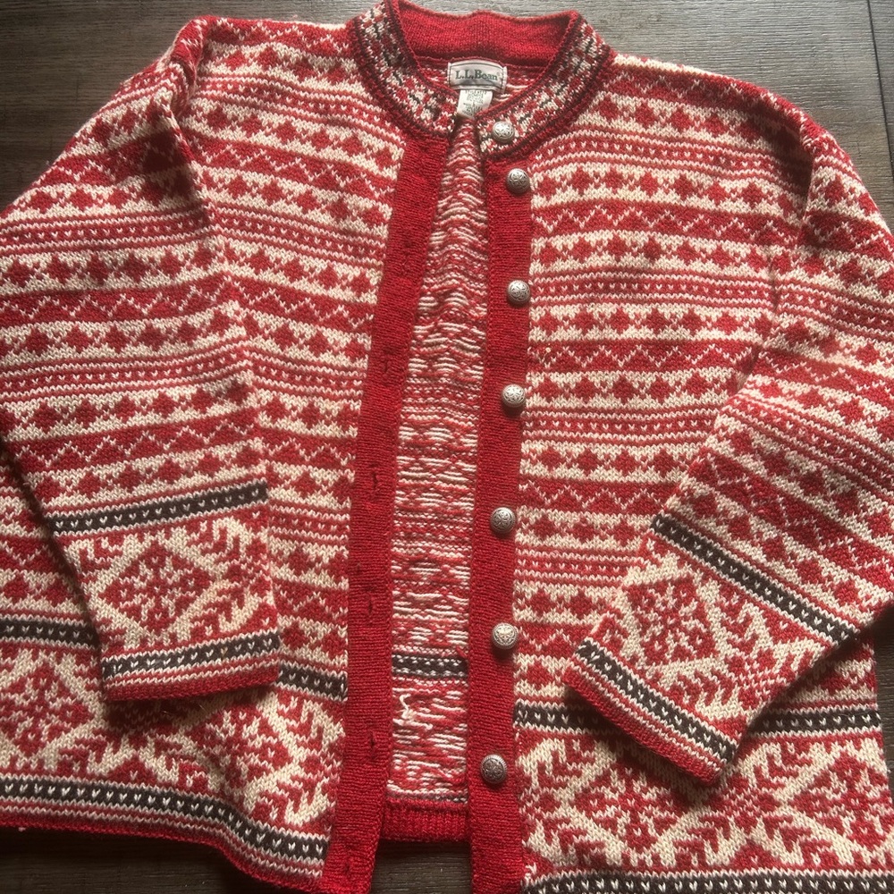 L.L. Bean Red and White Wool Cardigan